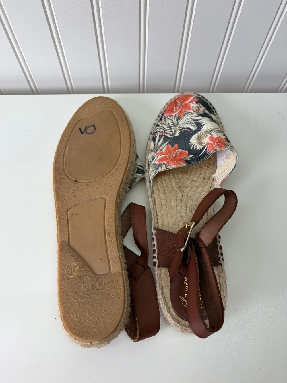 Floral Canvas Espadrille Sandals with Brown Ankle Strap - Navy & Orange